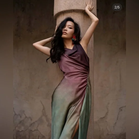 Zara dress midi satin tie dye fitted bodycon casual evening wedding cowl neck - Picture 7 of 13